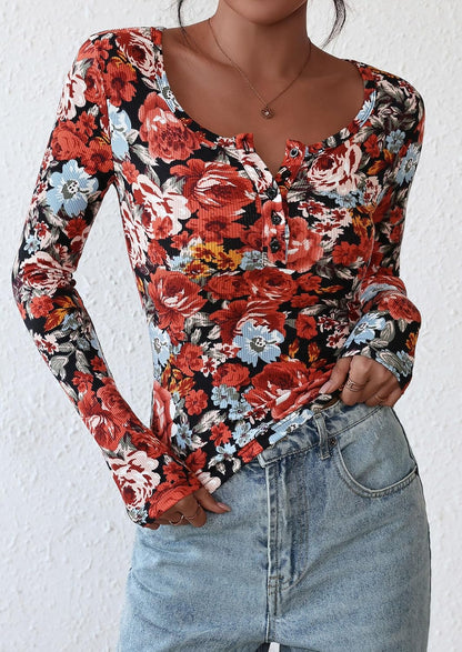 Ribbed Henley Long Sleeve Top