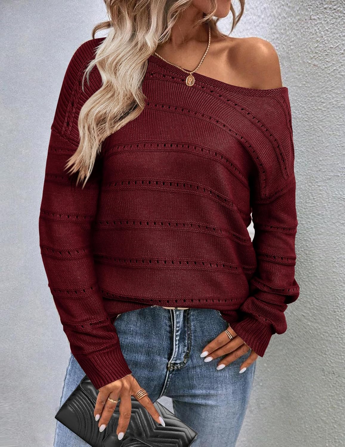 Zeagoo Womens Sweaters Cute Long Sleeve Off The Shoulder Pullover Tops Hollow Out Crochet Dressy Casual Outfits