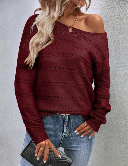 Zeagoo Womens Sweaters Cute Long Sleeve Off The Shoulder Pullover Tops Hollow Out Crochet Dressy Casual Outfits
