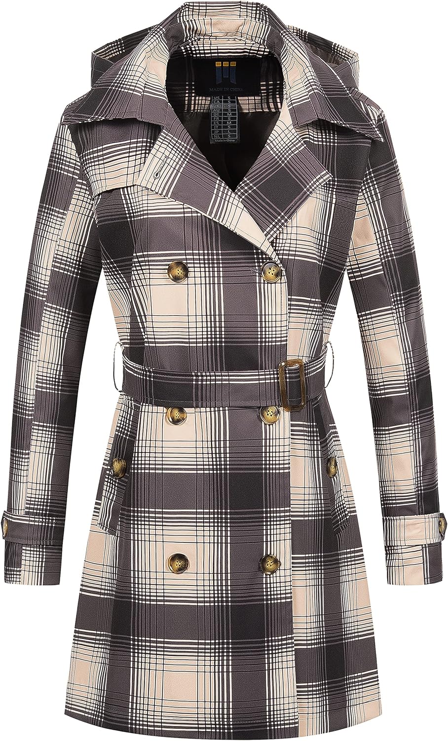 CREATMO US Women's Trench Coat Double-Breasted Classic Lapel Overcoat Belted Slim Outerwear Coat with Detachable Hood