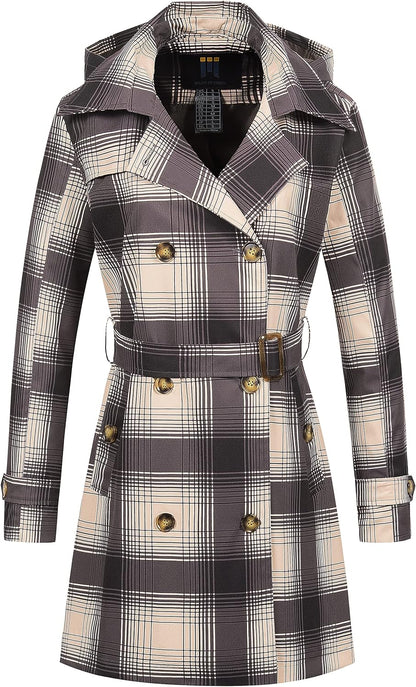 CREATMO US Women's Trench Coat Double-Breasted Classic Lapel Overcoat Belted Slim Outerwear Coat with Detachable Hood