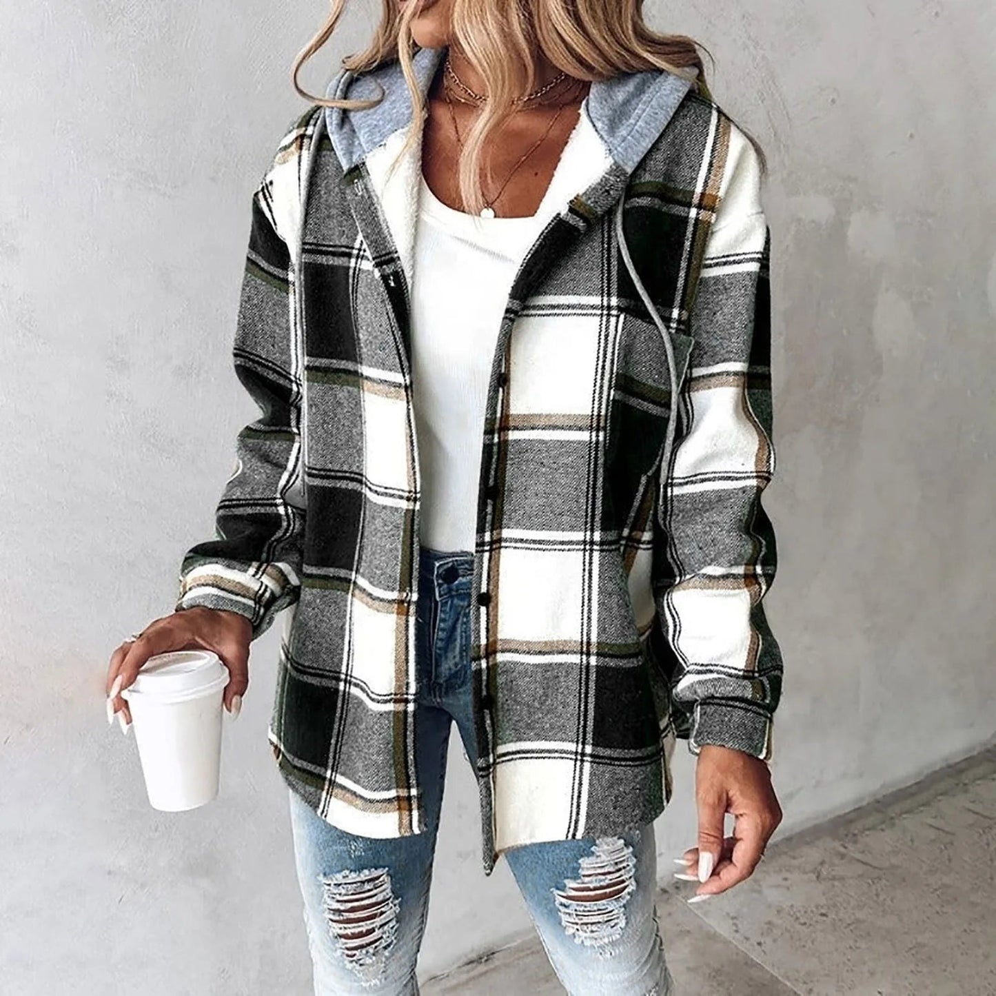 Women's Buttoned Plaid Jacket