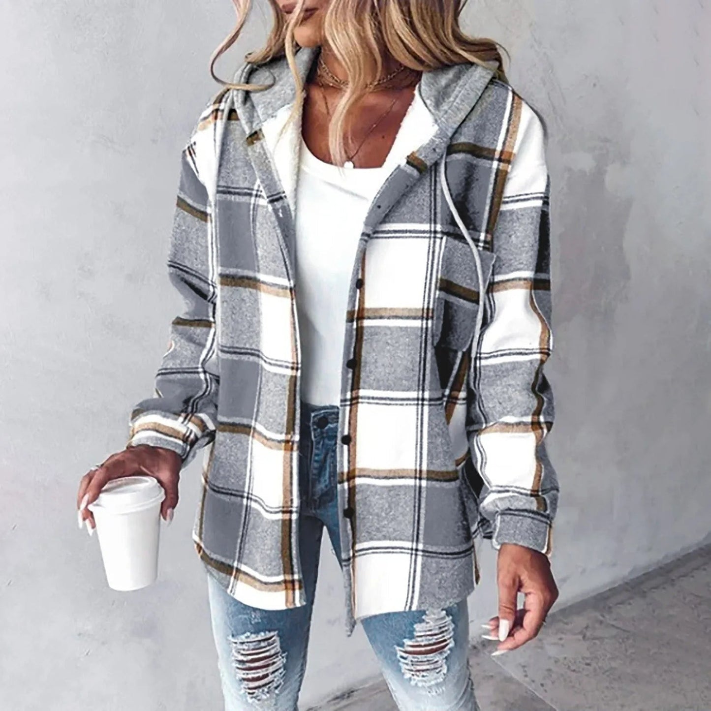 Women's Buttoned Plaid Jacket