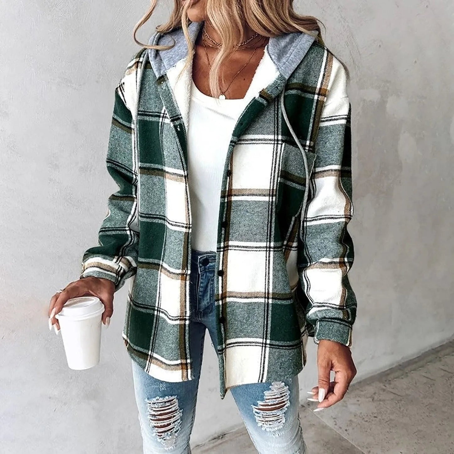 Women's Buttoned Plaid Jacket